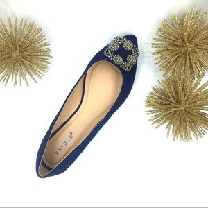 Navy Jewel Flats - Faux Suede Blue Pointed Toe
